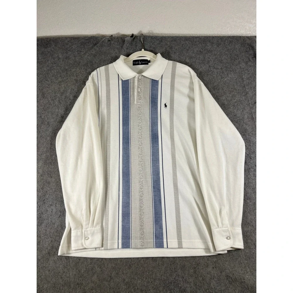 VTG 80s Ralph Lauren Polo Rugby Shirt Mens XL White Blue Striped Cotton Italian